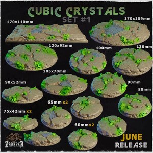 May include: A collection of textured, cracked stone-like bases labeled Cubic Crystals Set #1, featuring bright green crystalline accents. The set includes various shapes and sizes ranging from 60mm to 170x110mm, with specific dimensions printed next to each piece.