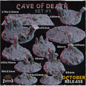 May include: A collection of gray, textured miniature cave terrain pieces for tabletop gaming. The set includes various shapes and sizes, with dimensions ranging from 60mm to 170x110mm. The text "CAVE OF DEATH SET #1" and "OCTOBER RELEASE" are visible.