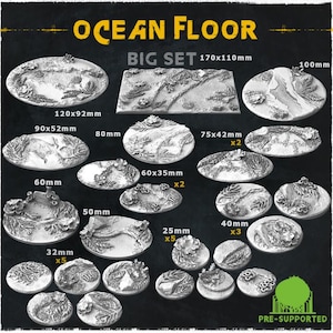 May include: A set of 12 ocean floor themed resin bases for miniature wargaming. The set includes a variety of sizes, from 25mm to 170mm, and features detailed textures and designs. The bases are pre-supported and ready to print.