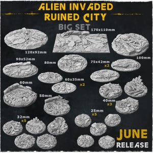 May include: A set of 10 different sized round plastic bases for miniature wargaming. The bases feature a ruined city theme with alien invasion details. The set includes 170x110mm, 120x92mm, 90x52mm, 80mm, 60mm, 60x35mm, 75x42mm, 100mm, 40mm, 32mm, 25mm, and 50mm bases.