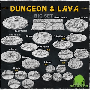 May include: A set of 12 pre-supported resin dungeon and lava themed miniature bases. The set includes a variety of sizes, from 32mm to 170mm, and features a variety of textures and details, including stone, lava, and water. The bases are perfect for use with miniature wargaming, role-playing games, and other tabletop games.