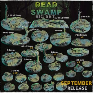 May include: A set of 10 different sized round, green and blue resin bases for miniature wargaming. The bases feature various swamp-themed details, including trees, logs, and water. The set includes 10 bases measuring 32mm, 3 bases measuring 40mm, 2 bases measuring 60x35mm, 1 base measuring 50mm, 2 bases measuring 75x42mm, 1 base measuring 90mm, 1 base measuring 100mm, 1 base measuring 120x92mm, and 1 base measuring 170x110mm. The bases are labeled with their dimensions in millimeters.
