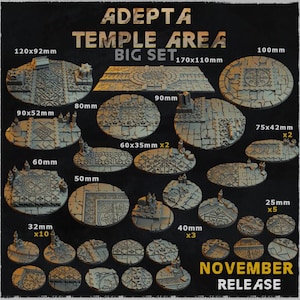 May include: A set of 10 different sized, round, stone-textured, grey and brown gaming bases with intricate patterns. The bases are labelled with their dimensions in millimetres. The set is called "Adepta Temple Area Big Set".
