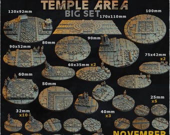 May include: A set of 10 different sized, round, stone-textured, gray and brown gaming bases with intricate patterns. The bases are labeled with their dimensions in millimeters. The set is called "Adepta Temple Area Big Set".