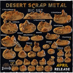 以下が含まれることがあります： ミニチュアウォーゲーム用の砂漠をテーマにしたレジン製ベース14個セット。ベースのサイズは25mmから170mmまであり、砂、岩、金属の破片など、さまざまなテクスチャとディテールが特徴です。セットには、「Desert Scrap Metal Big Set」と「April Release」のテキストが含まれています。