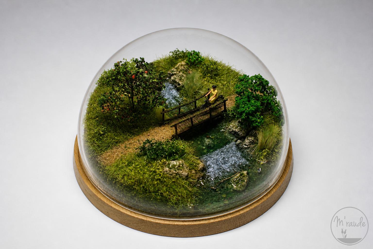 Miniature summer landscape, collection of the four seasons under an acrylic glass hemisphere, diorama, home decor
