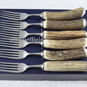 Six Genuine Stag/Antler Handle Steak Forks Boxed Made In Sheffield England