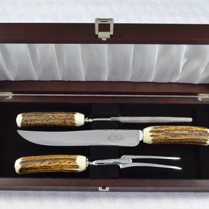 Genuine Stag/Antler Handle 3 Piece Carving Set Cased Made In Sheffield England