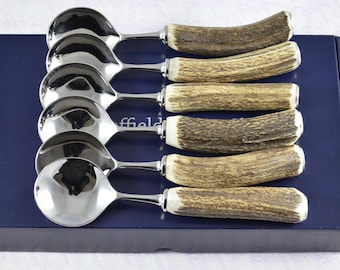 Six New Genuine Stag/Antler Handle Soup Spoons Boxed Made In Sheffield England