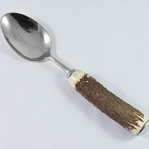 May include: A stainless steel spoon with a brown and white antler handle.