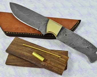 ¡Kit de fabricación de cuchillos! Damasco Acero Caza/Bushcraft Cuchillo Rosewood Escalas Increíble Pieza Pristine inc Cuero Vaina
