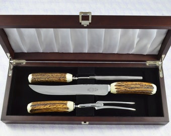 Genuine Stag/Antler Handle 3 Piece Carving Set Cased Made In Sheffield England