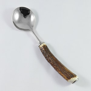 May include: A silver spoon with a polished finish and a brown antler handle.