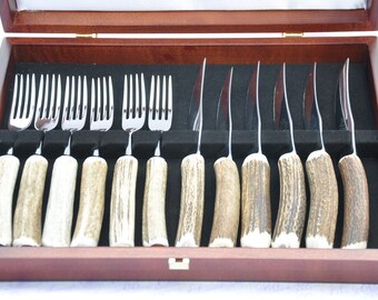 6 Pairs Genuine Stag/Antler Handle Steak Knives & Forks Presentation Case Made In Sheffield England