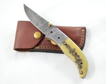 Amazing Damascus Bladed Camel Bone Handled Pen/Pocket Knife With Leather Sheath