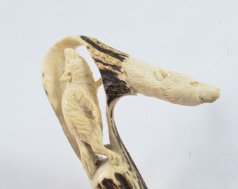 Fantastic Hand Carved Bear Walking Stick Cane Top Handle Antler Horn Handle Made Sheffield England