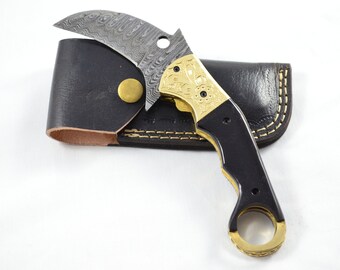 Amazing Damascus Bladed Water Buffalo Horn Handled Pen/Pocket Knife With Leather Sheath