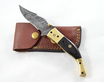 Amazing Damascus Bladed Water Buffalo Horn Handled Pen/Pocket Knife With Leather Sheath