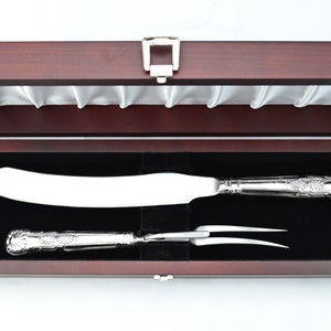 Roberts & Belk Wooden Cased Sterling Silver Handled 2 Piece Carving Set Kings Pattern 1898