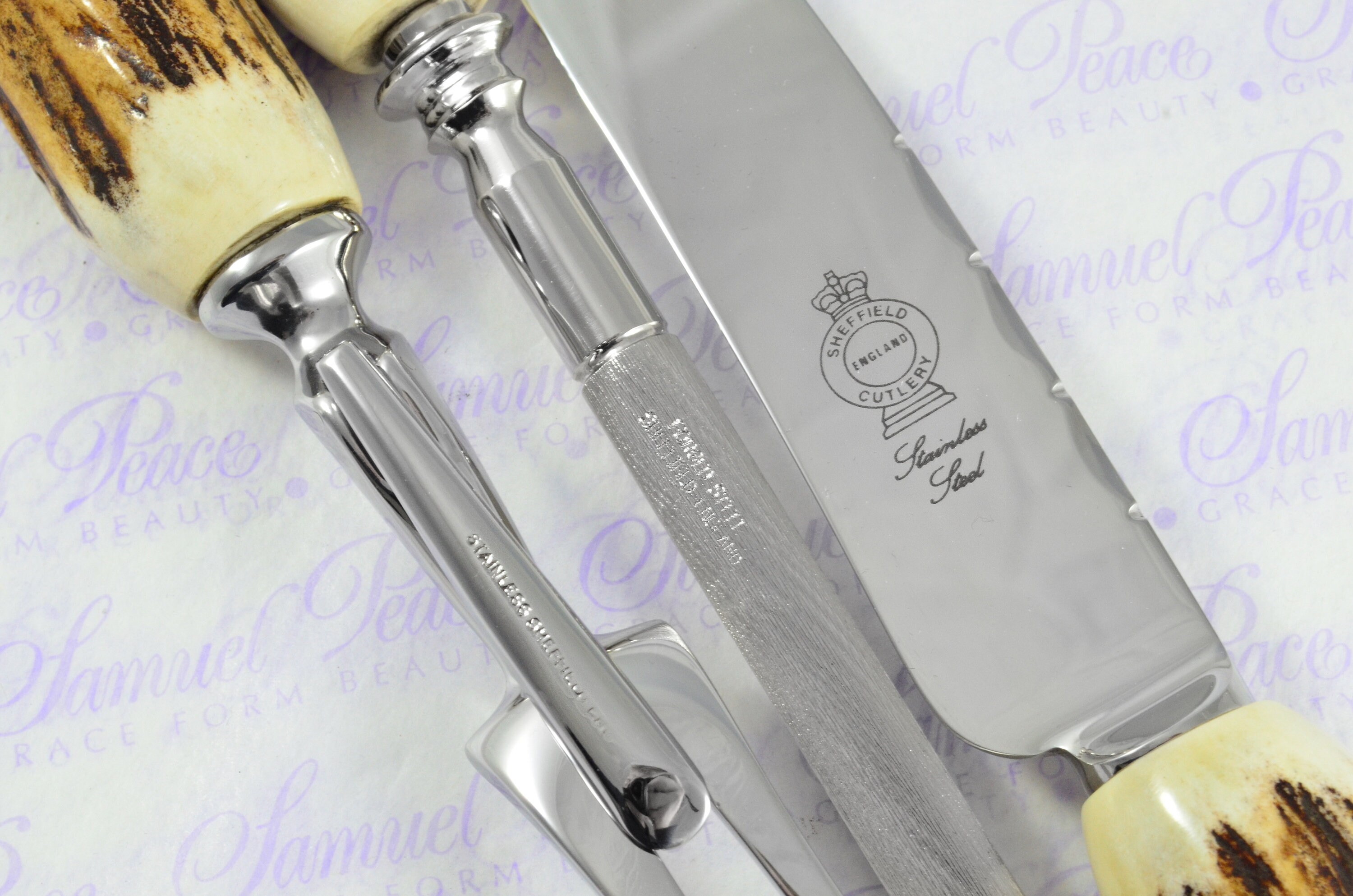 Genuine Stag/antler Handle 3 Piece Carving Set Cased Made in  Genuine Stag/Antler Handle 3 Piece Carving Set - Made In Sheffield England main image 0