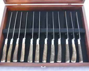 Twelve Genuine Rare Sambar Stag/Antler Handle Steak Knives  Silver ferruled Cased Made In Sheffield England Brushed Finish