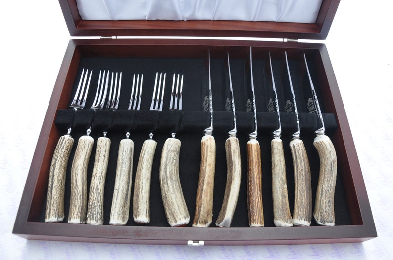 6 Pairs Genuine Stag/antler Handle Steak Knives & Three Prong Etsy