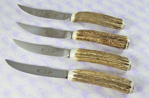 4 新品 ハンプバック 本物の鹿の角のハンドル ステーキナイフ 