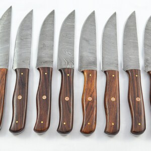 Eight 8 Huge Genuine Rosewood Handle Damascus Steel Steak Knives Made In Sheffield England