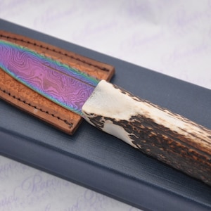 New Genuine Heat Treated Damascus Steel Stag Handle Sheffield Sgian Dubh Boxed with Leather Sheath