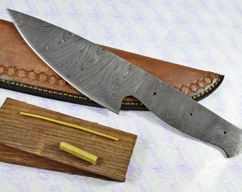 Kitchen Knife Making Kit!  Fantastic Damascus Steel Chopping Knife Rosewood Scales Unbelievable Piece Pristine Leather Sheath