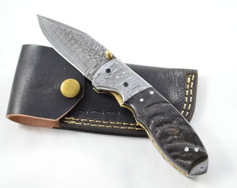 Amazing Damascus Blade Rams Horn Handled Pen/Pocket Knife With Leather Sheath