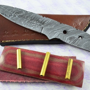 Damascus Steel Knife Making Kit! Ultimate Bushcraft Knife with Cream & Red Micarta Scales inc Leather Sheath