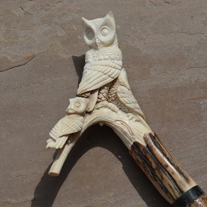 Genuine Authentic Hand Carved Stag Horn Antler Hazel Shaft Walking Stick Cane Owl