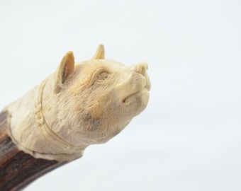 Fantastic Hand Carved Dog Walking Stick Cane Top Handle Antler Horn Handle Made Sheffield England