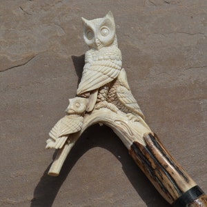 Genuine Authentic Hand Carved Stag Horn Antler Hazel Shaft Walking Stick Cane Owl