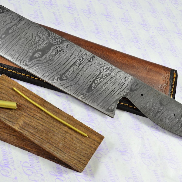 Kit de fabrication de couteau de cuisine!  Fantastique Damas En acier Cleaver Couteau Rosewood Balances Incroyable Pièce en cuir immaculé Gaine