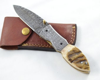 Amazing Damascus Blade Rams Horn Handled Pen/Pocket Knife With Leather Sheath