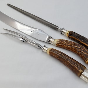 Amazing George Howson Stag Handled Sterling Silver 2 Piece Carving Set Dated 1912