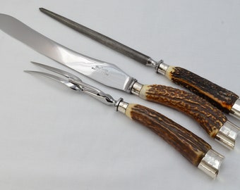 Amazing George Howson Stag Handled Sterling Silver 2 Piece Carving Set Dated 1912