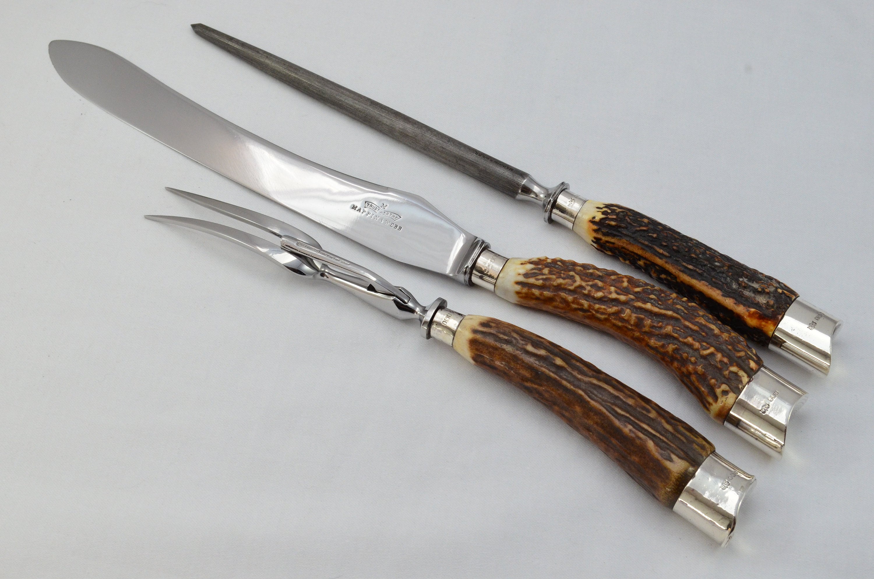 Amazing Mappin & Webb Stag Handled Sterling Silver 3 Piece Carving