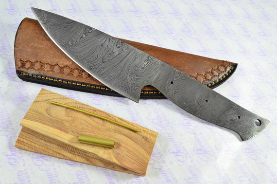 Kitchen Knife Making Kit Fantastic Damascus Steel Chopping Knife Olive Wood  Scales Unbelievable Piece Pristine Leather Sheath 