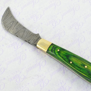 May include: A small, curved knife with a Damascus steel blade and a green wood handle. The handle has brass accents and a hole at the end.