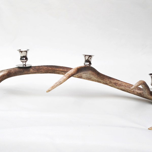 Fantastic Natural Stag Horn Antler & Chrome Plated Candelabra 3 Candle Holder Deer Centrepiece Home Decor