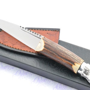New Genuine Stainless Steel Stag Horn Antler Handle Sheffield Sgian Dubh with Leather Sheath & Silver Cap Boxed Free Initials Engraving