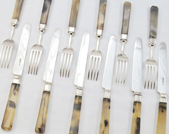 Six Pairs of Moses Brent Hand Carved Agate & Solid Silver Knives And Forks Hallmarked London 1812