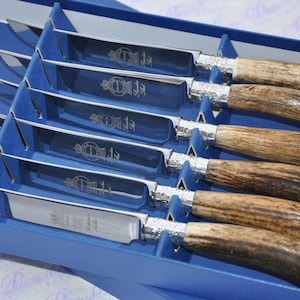 Six Genuine Rare Sambar Stag/Antler Handle Steak Knives  Silver ferruled Boxed Made In Sheffield England