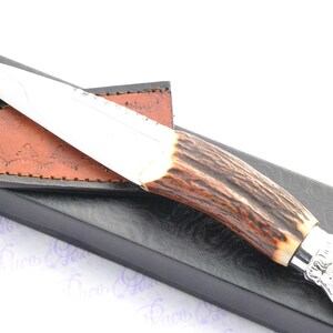 New Genuine Stainless Steel Stag Horn Antler Handle Sheffield Sgian Dubh with Leather Sheath & Silver Cap Boxed Free Initials Engraving