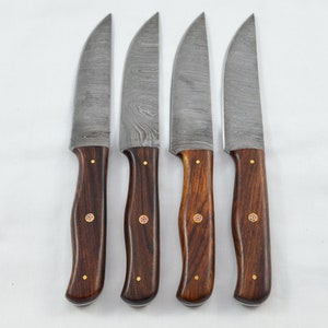 Four 4  Huge Genuine Rosewood Handle Damascus Steel Steak Knives Made In Sheffield England