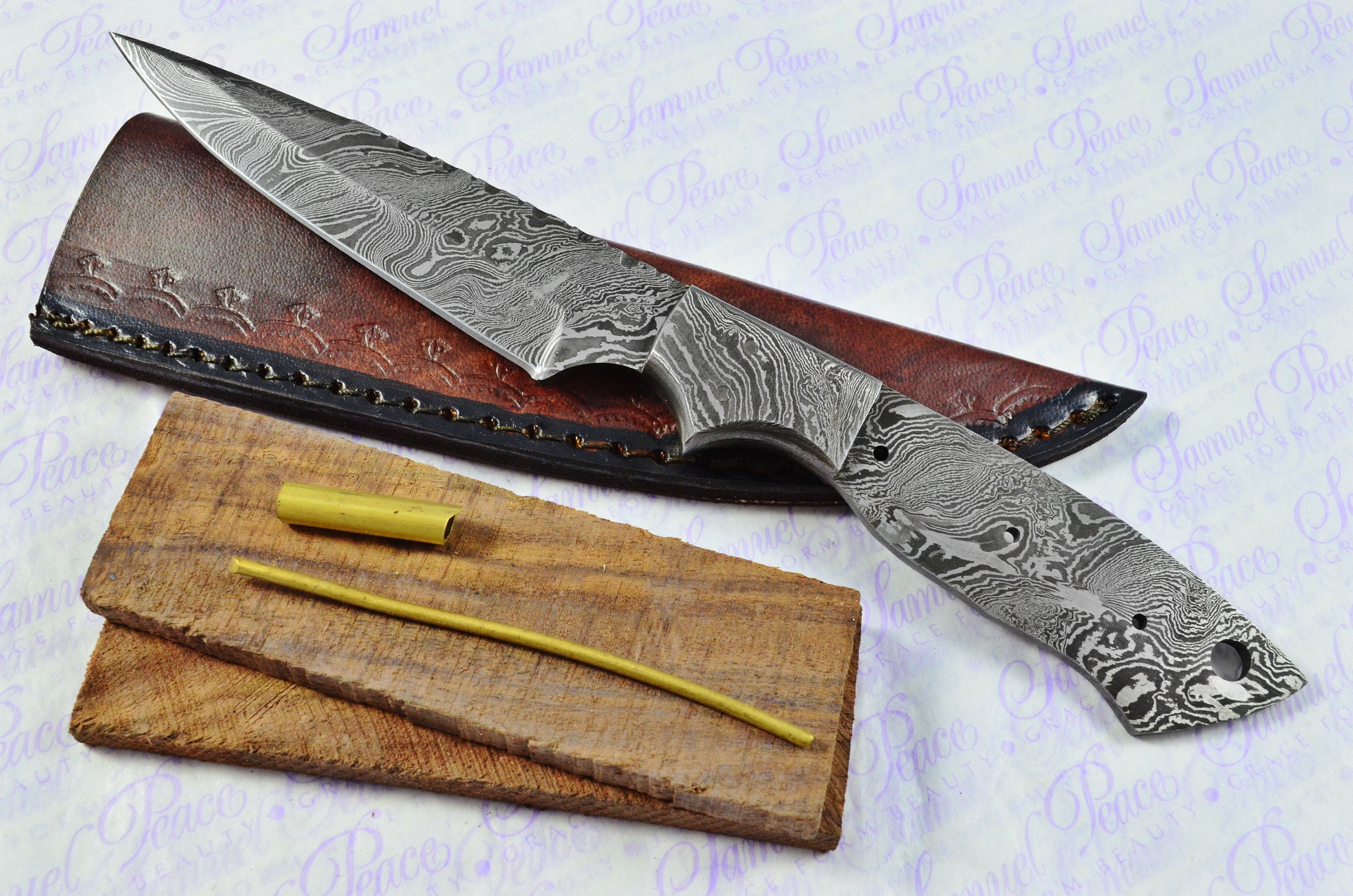 Damascus Knife Making Kit DIY Handmade Damascus Steel Includes Blank Blade,  Pins, Leather Sheath, Handle Scales Knife Making Supplies NB108 