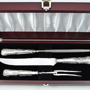 Fenton Brothers Wooden Cased Sterling Silver Handled 3 Piece Carving Set Kings Pattern 1972